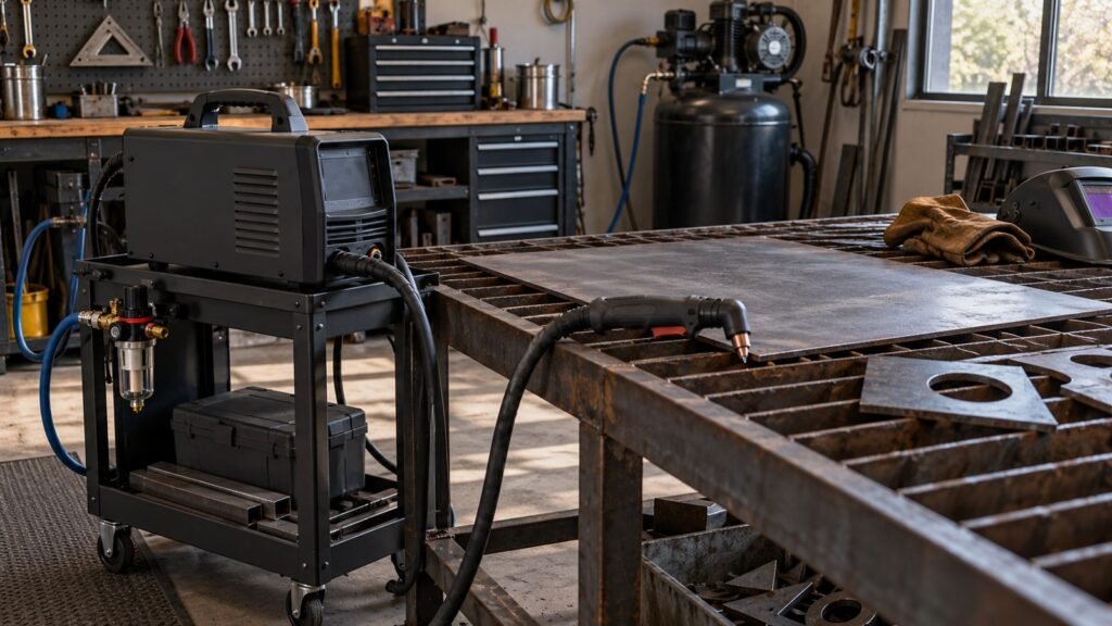 AI illustration of an unbranded plasma cutter, torch and steel cutting table in a home shop