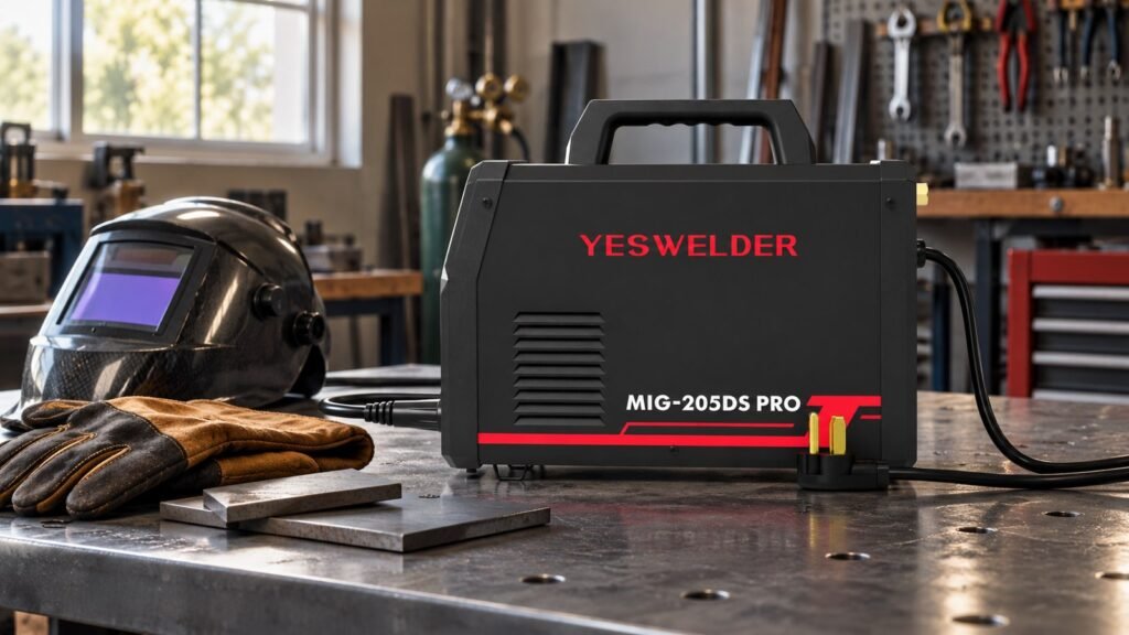 AI-generated illustrative scene based on the MIG-205DS PRO manufacturer product photo, with helmet and gloves on a steel bench